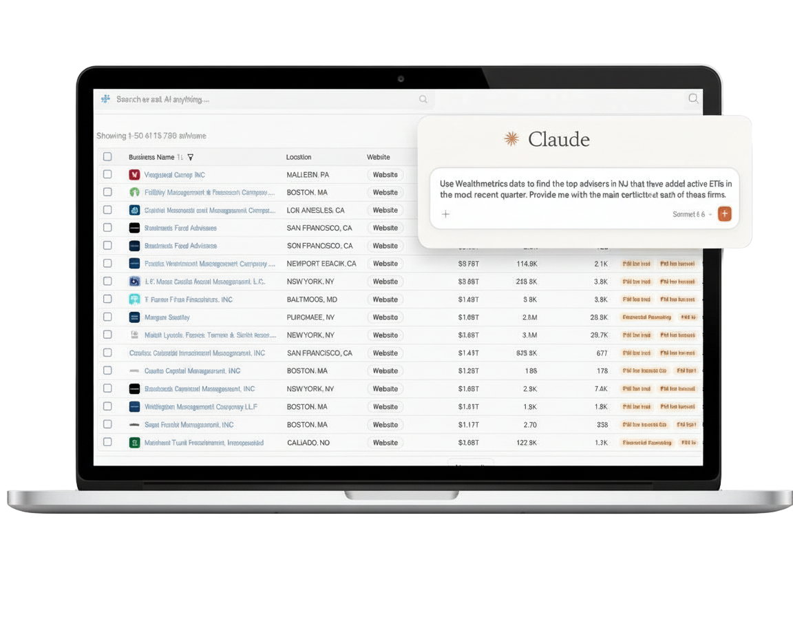 Wealthmetrica investor intelligence platform displaying a searchable table of 15,796 investment advisors with AUM, location, and contact data, shown on a MacBook with an AI-powered search assistant